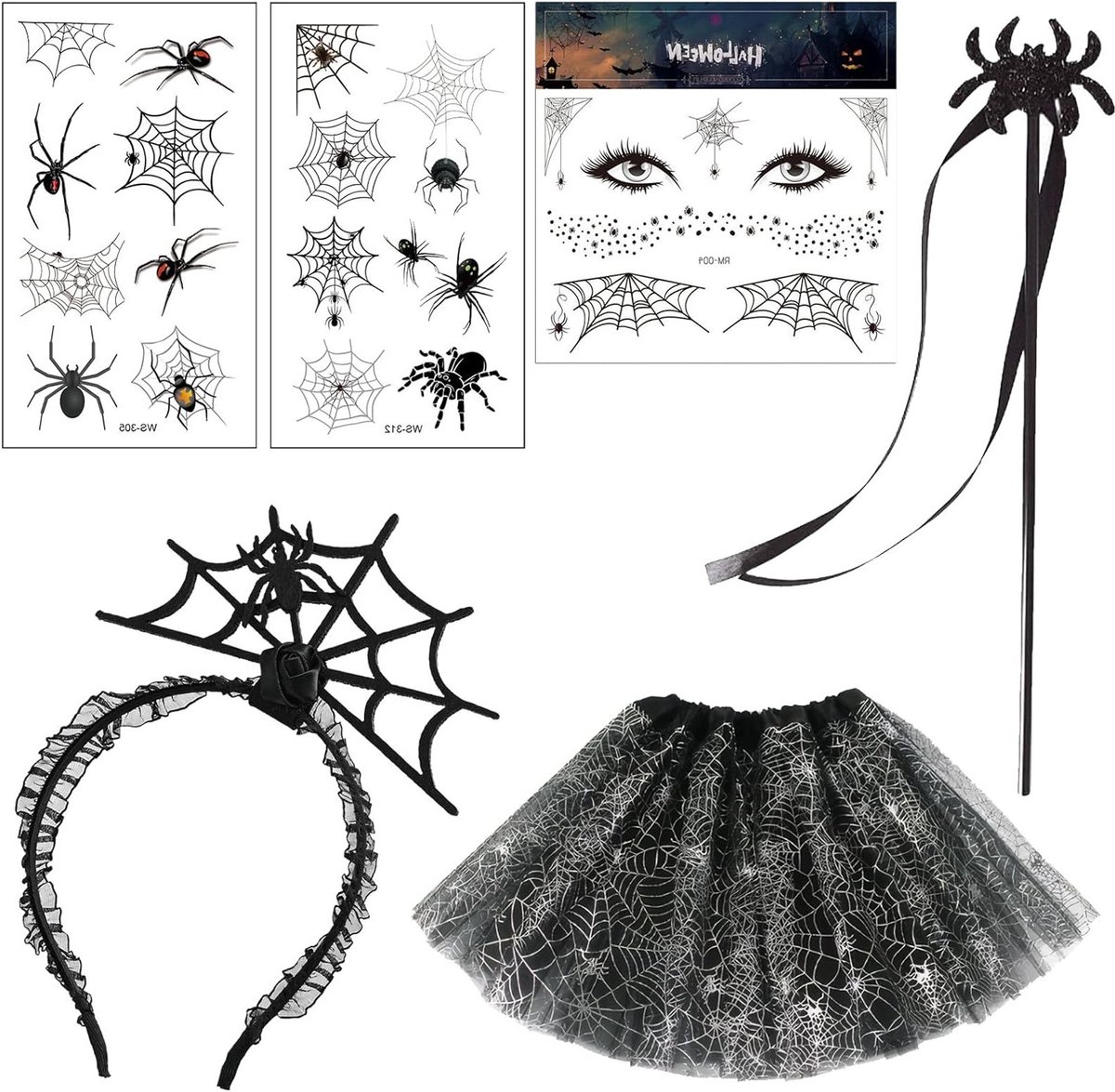 Spinnen thema Halloween kostuum voor kinderen - 6-delige set met haarband, tutu rok, stickers, toverstok en tatoeages - Maat 6-8 - Perfect voor feestjes en verkleedpartijen