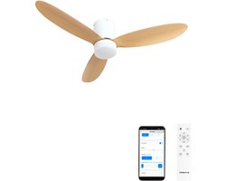 CREATE - 40W stille plafondventilator Ø132 cm - Wit / Licht hout - Met licht - WIFI + Afstandsbediening - WIND LITE