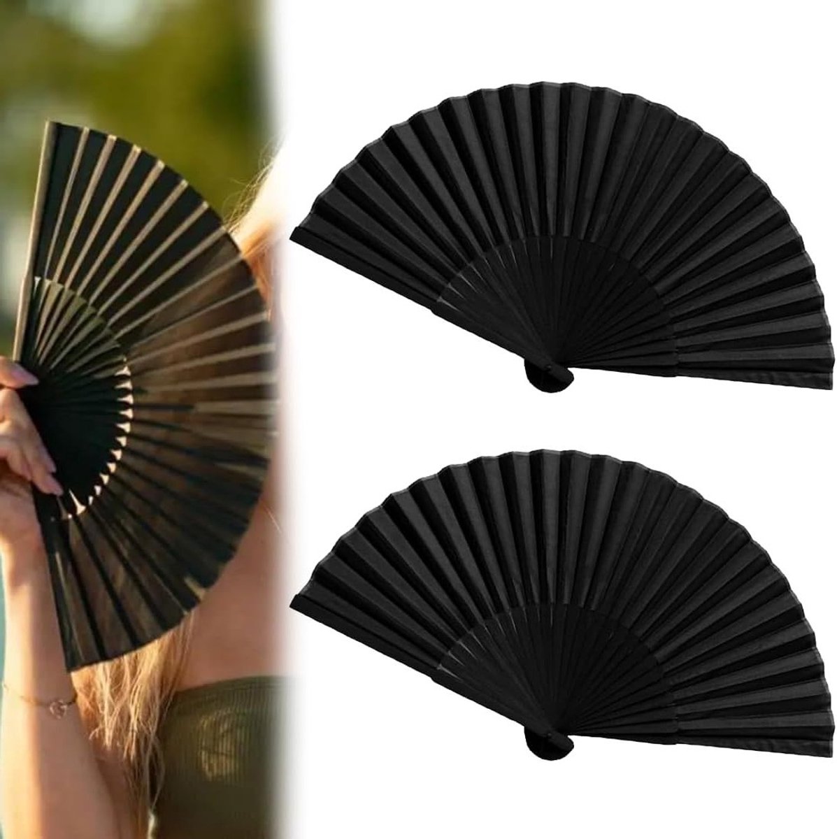 Set van 2 zwarte zijden bamboe handfans voor mannen en vrouwen, grote opvouwbare fans voor bruiloften, feesten en sauna's, lichtgewicht en vintage stijl.