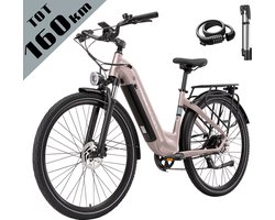 Elektrische Fiets – 790Wh Accu (21Ah) – Actieradius tot 160 km – 700C×50C Banden – Shimano 7 Versnellingen – Aluminium Frame – Verende Voorvork met Lock-out – Hydraulische Schijfremmen – Stadsfiets – Max. Belastbaar 120 kg – Goud