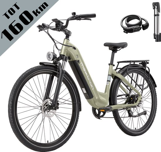 Elektrische Fiets – 790Wh Accu (21Ah) – Actieradius tot 160 km – 700C×50C Banden – Shimano 7 Versnellingen – Aluminium Frame – Verende Voorvork met Lock-out – Hydraulische Schijfremmen – Stadsfiets – Max. Belastbaar 120 kg – Groen