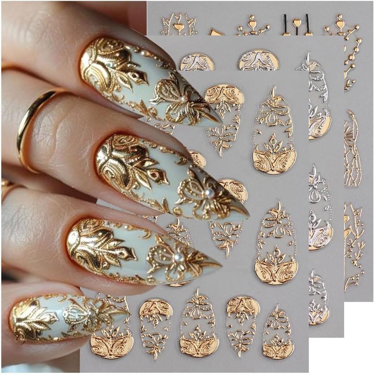 Set van 3 Stuks 5D Nagelstickers met Gegraveerde Bloemen, Luxe Franse Manicure Decoratie, Retro Nagelversiering met Hart en Boom Motieven voor Vrouwen