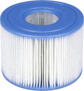 Een Intex S1 zwembadfilter met witte plooien en een blauwe bovenrand, staand op een witte achtergrond.