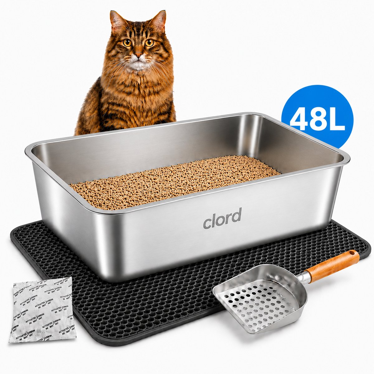 Kattenbak RVS XXL – Voor grote katten & Maine Coon – Inclusief mat & schep – 60×40×20 cm