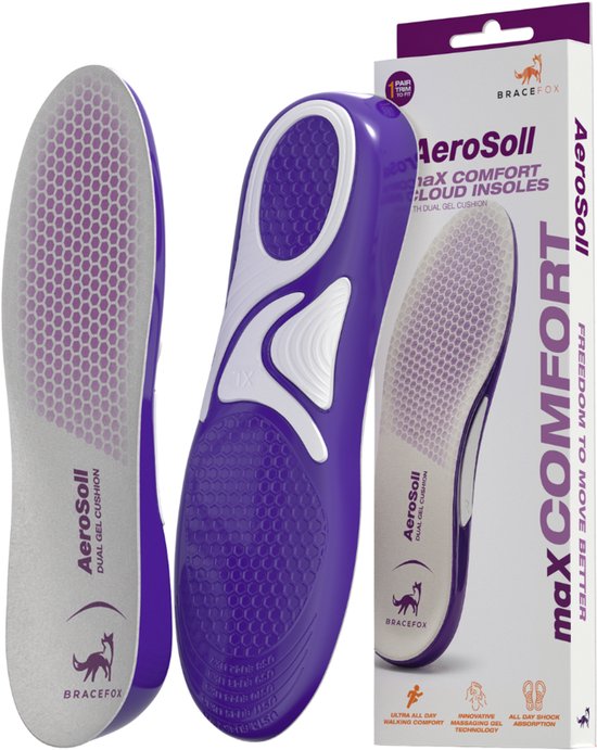 Bracefox® Inlegzolen 'AeroSoll' | Dagelijkse zooltjes voor Comfort en Ondersteuning | Dual Gel Cushion Technologie | Dempend | 2026 Model | Man & Vrouw | Schoenmaat 41-46
