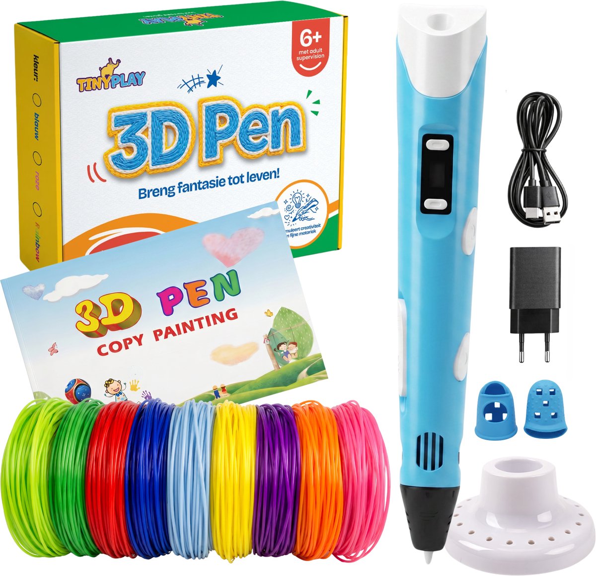 TinyPlay 3D Pen Starterspakket – 3D tekenen - 40m Vullingen PLA Filament 1.75 mm – 3d pennen tekenset - Voor kinderen - Sjablonen boek – Blauw