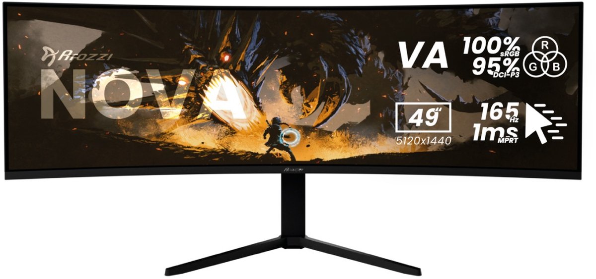 Arozzi Nova 49" Gaming Monitor - Curved - DQHD VA - 165Hz - USB-C - Zwart