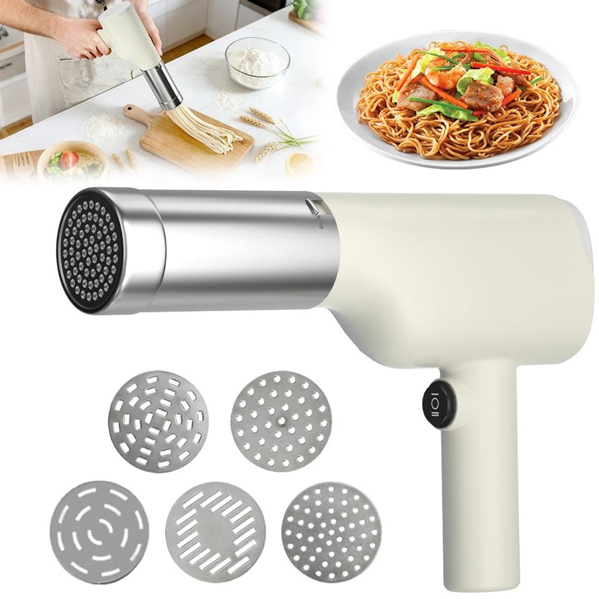 Draadloze elektrische pastamaker, handzaam en draagbaar, ideaal voor spaghetti en ijs pasta, met 5 persmallen voor thuis, reizen en picknicks.