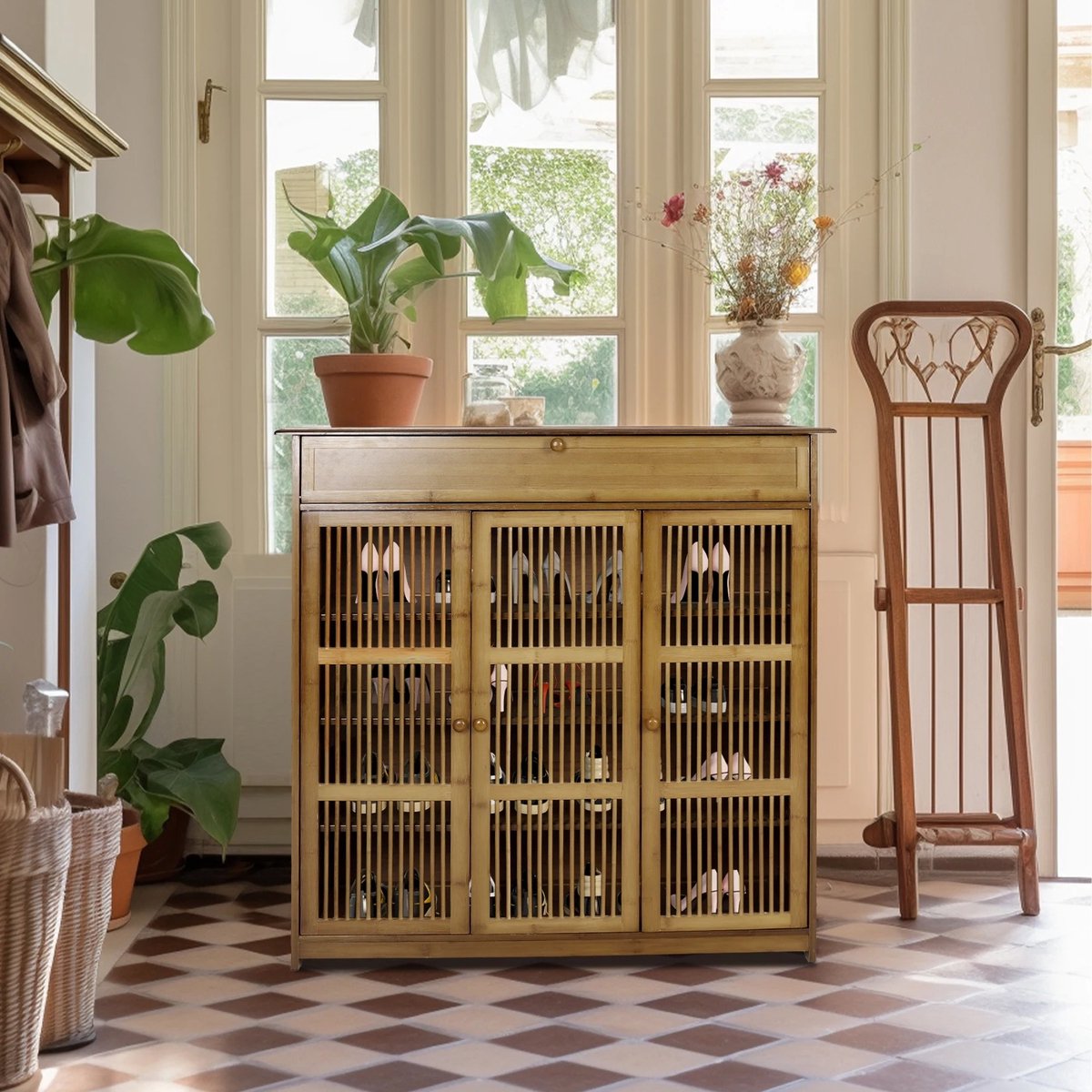 Celestul Vintage Bamboe Schoenenrek met 4 Niveaus - Schoenenkast met 3 Deuren - Schoenenorganizer voor Hal - Woonkamer & Slaapkamer - Hout - Bruin