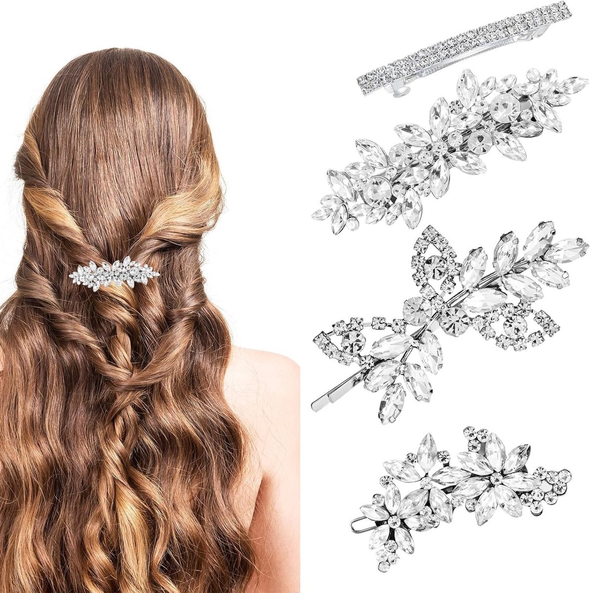 Zilveren Haaraccessoires met Strass - 4 Stuks Glitterende Clips voor Bruiloften en Ceremonies