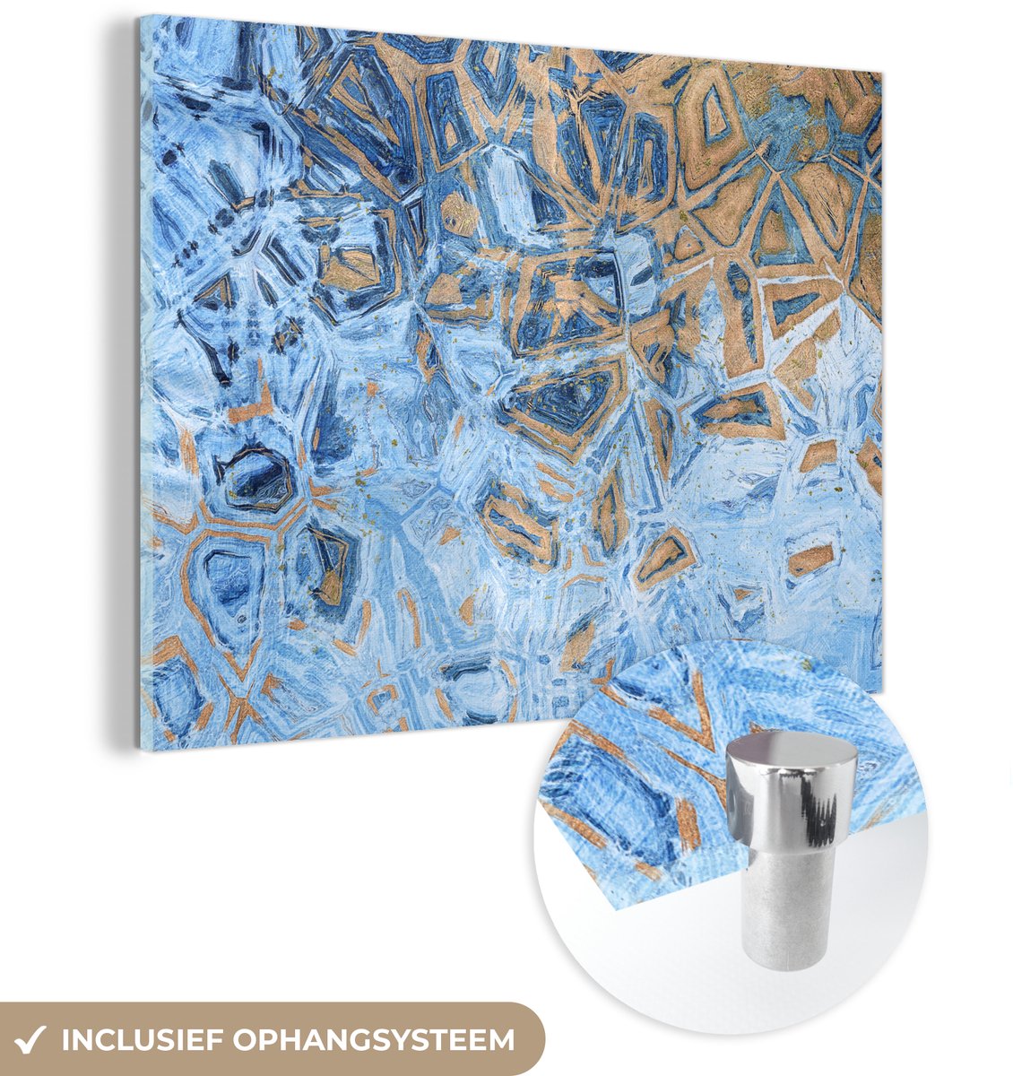 ® Glasschilderij 160x120 cm - Schilderij acrylglas - Marmer - Verf - Goud - Blauw - Foto op glas - Muurdecoratie woonkamer - Wanddecoratie slaapkamer - Schilderijen