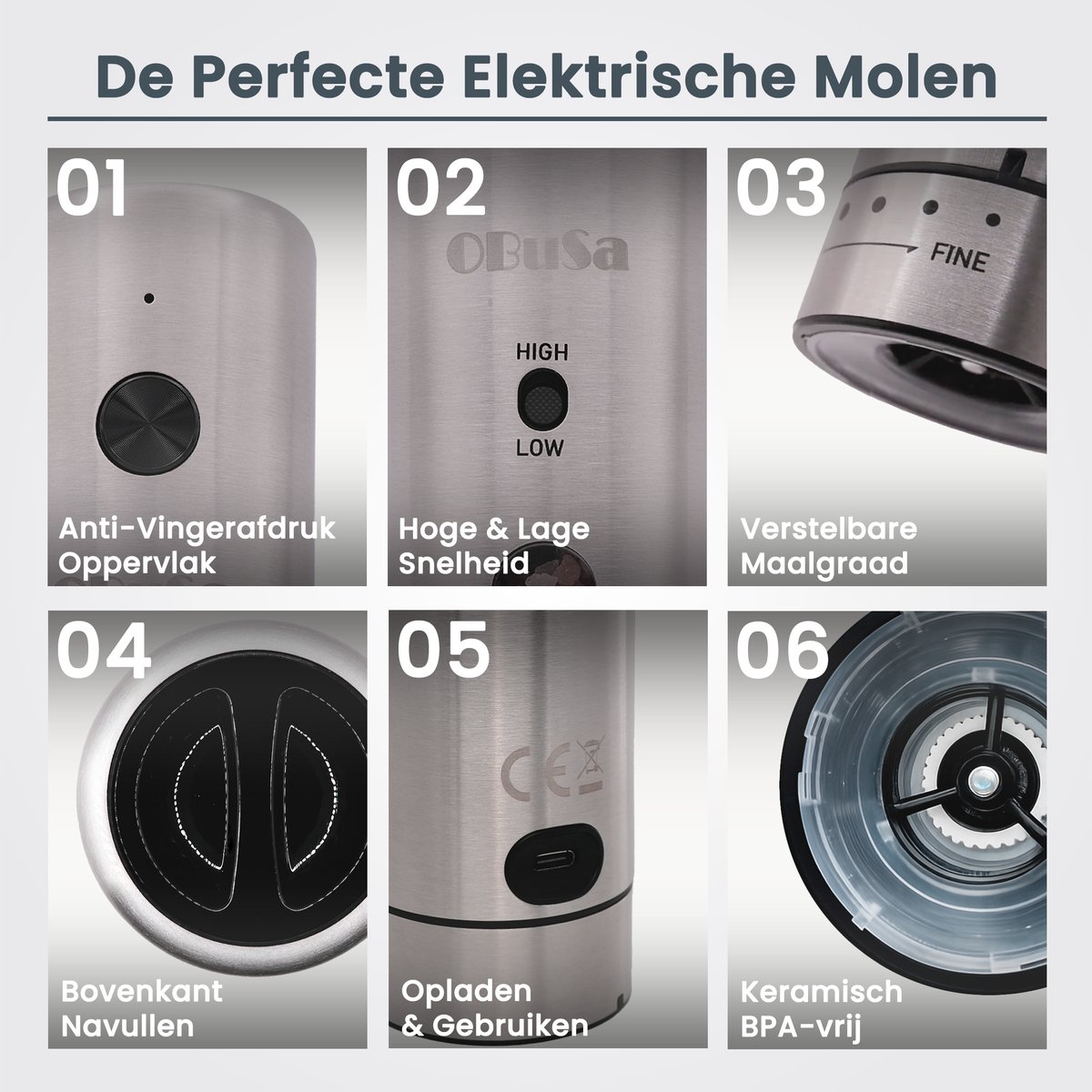 OBUSA - Hoogwaardige Elektrische Peper- en Zoutmolen Set - Keramisch Maalwerk - Instelbare Maalgraad en Snelheid - USB C Oplaadbaar - Antivingerafdruk RVS - Gemakkelijk bij te Vullen - Inhoud 110 ml — cadeau in Kookcadeaus - foto 2