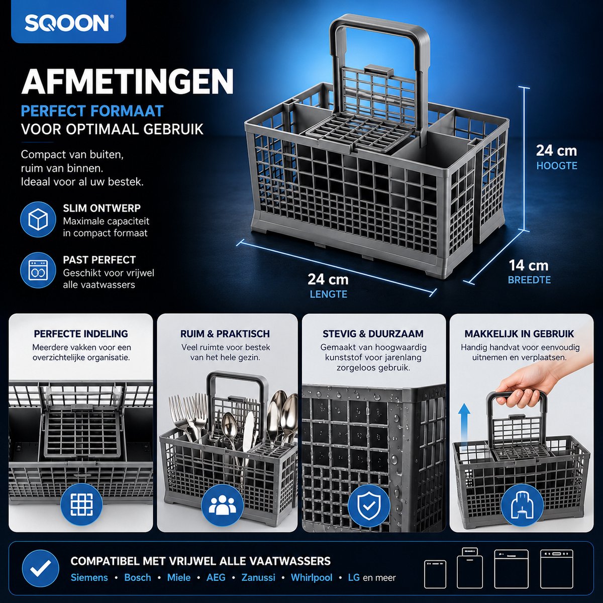 SQOON® Bestekmand Vaatwasser Universeel – Vervanging voor IKEA, Whirlpool, AEG, Bosch, Siemens – 240x135x125 mm – Sterke Kwaliteit — afbeelding 3