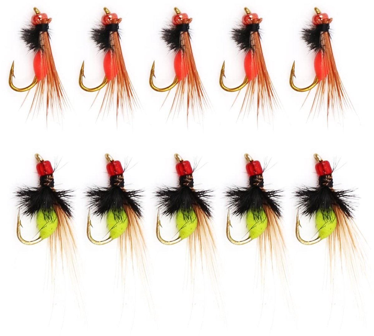 aladdien - Vissenlokken - Bionische haken - Fluorescerend effect - Rood en geel - Vliegvissen - Premium kwaliteit - 10 stuks