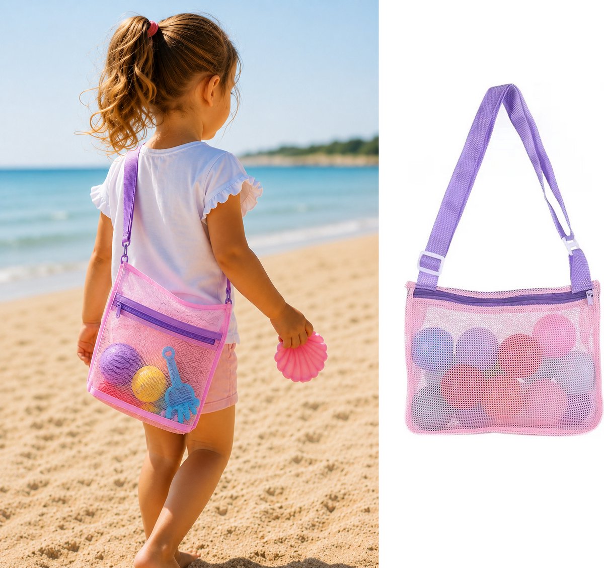 Kinder Strandtas Roze – Mesh Speelgoedtas met Rits & Verstelbare Schouderband – Strand / Zwemtas voor Kinderen