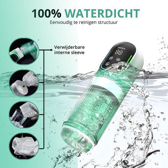 Groene masturbator onder water, omringd door waterdruppels. Tekst: 100% WATERDICHT. Eenvoudig te reinigen structuur. Verwijderbare interne sleeve.