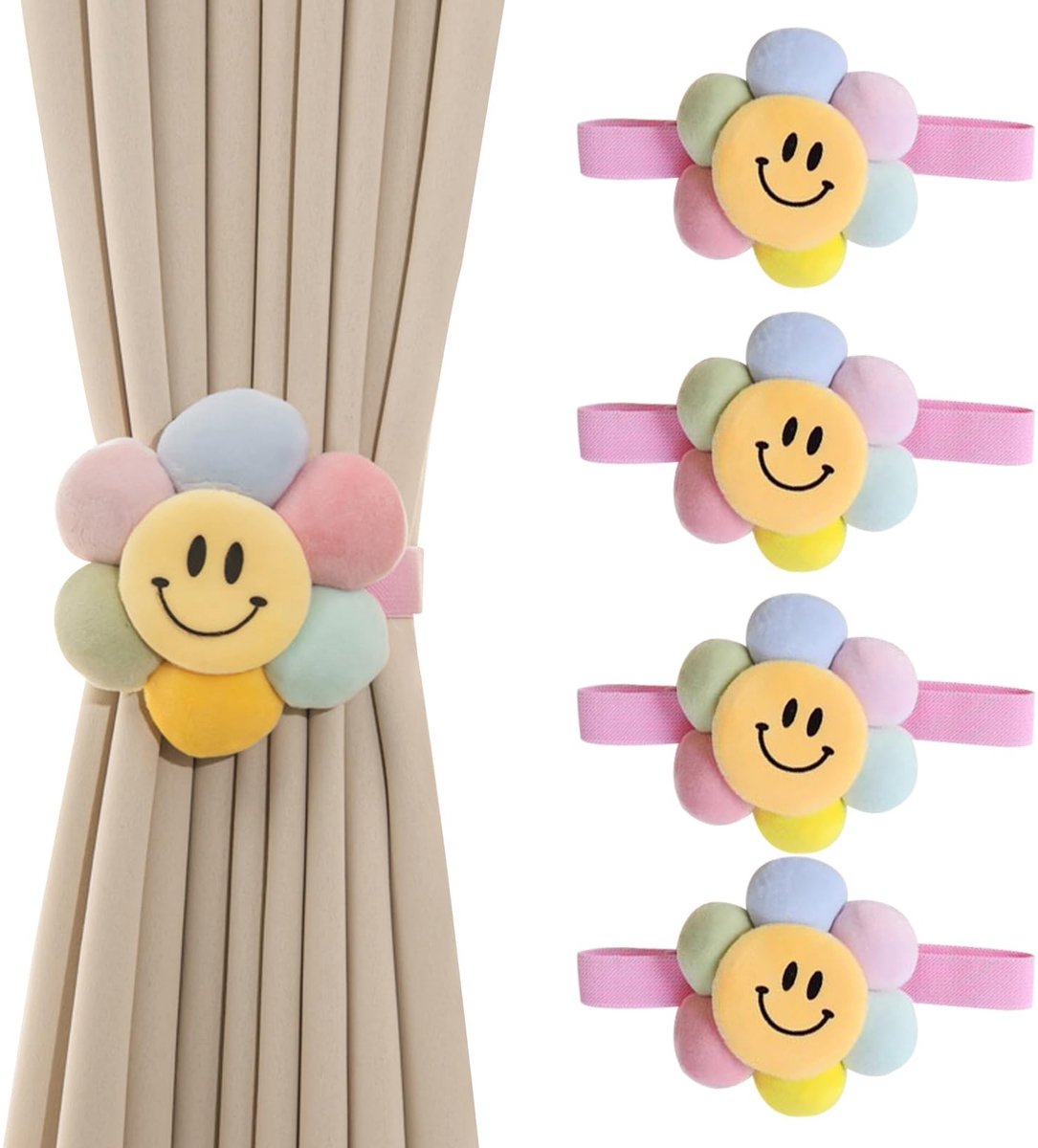 aladdien - Gordijnbinders - Kleurrijke bloemengordijnbinders - Elastische band voor gordijnen - 4 stuks - Decoratief en praktisch - Geschikt voor th...