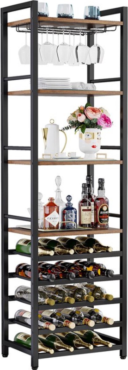 CORE Wijnrek - Wijnkast - Wijnopslag - Accessoireskast - 9 lagen en 20 flessen - Glazenhouder en flessenhouder - Industrieel design - 45x35x180cm - Rustiek bruin