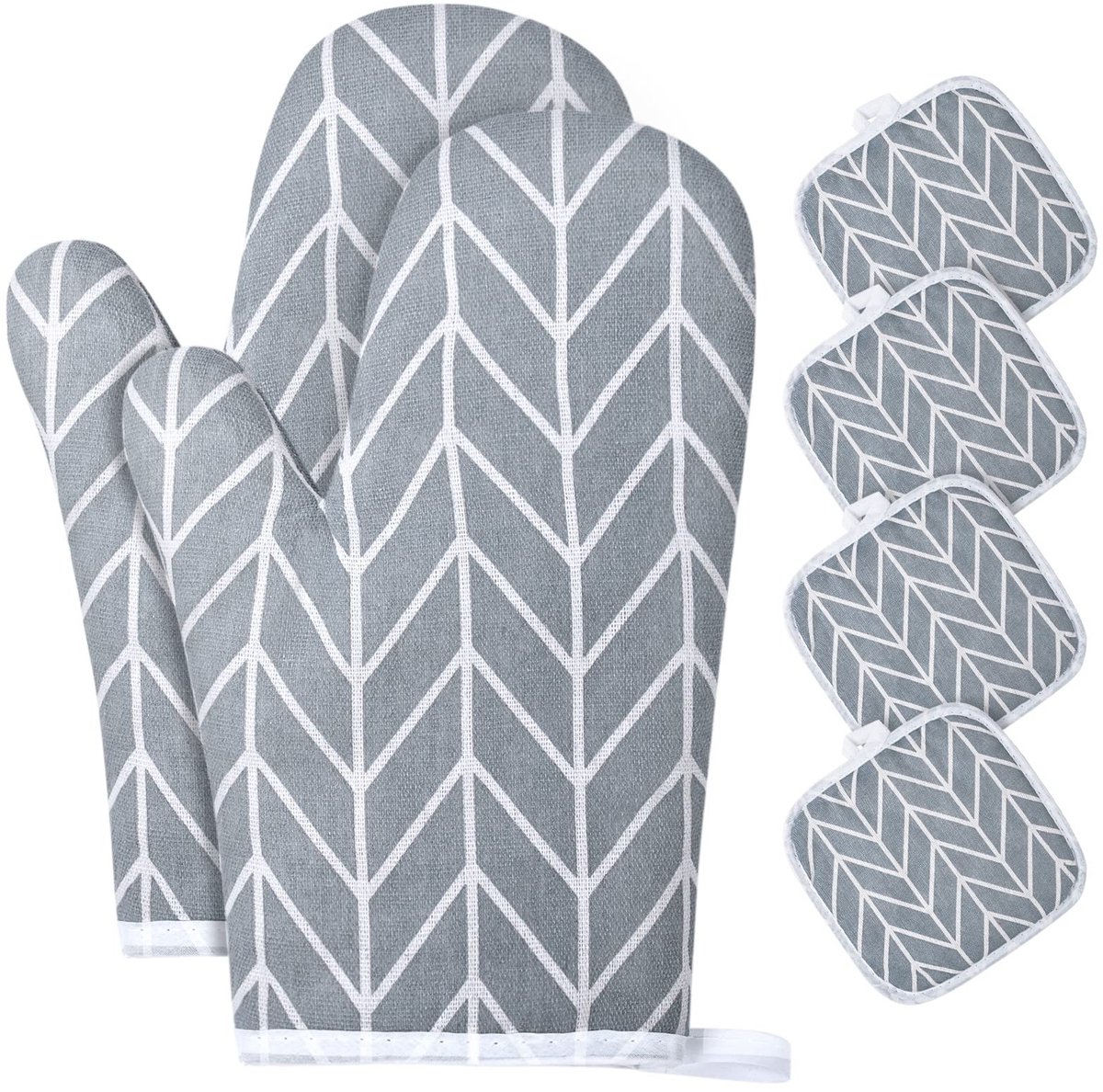 aladdien - Ovenwanten - Katoenen pannenlappen - Hittebestendig en antislip - Grijs - Barbecuehandschoenen - 6-delige set - Geschikt voor koken en gr...