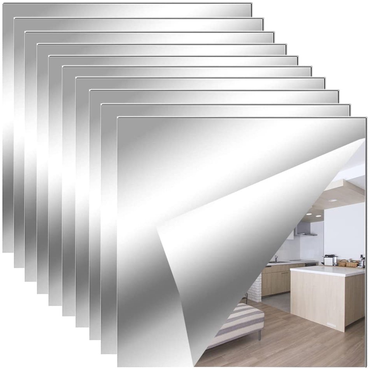 aladdien - Rechthoekige Spiegelwandstickers - Decoratieve Wandspiegels - Zacht Materiaal - 20 cm x 20 cm - Spiegeltegels - Geschikt voor Muurdecoratie