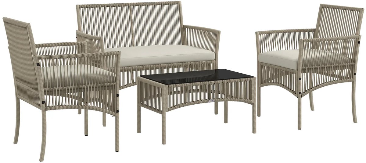 4‑delige Rotan tuinmeubelset met kussens – Lounge set - Tuinstoelen met tafel en bank