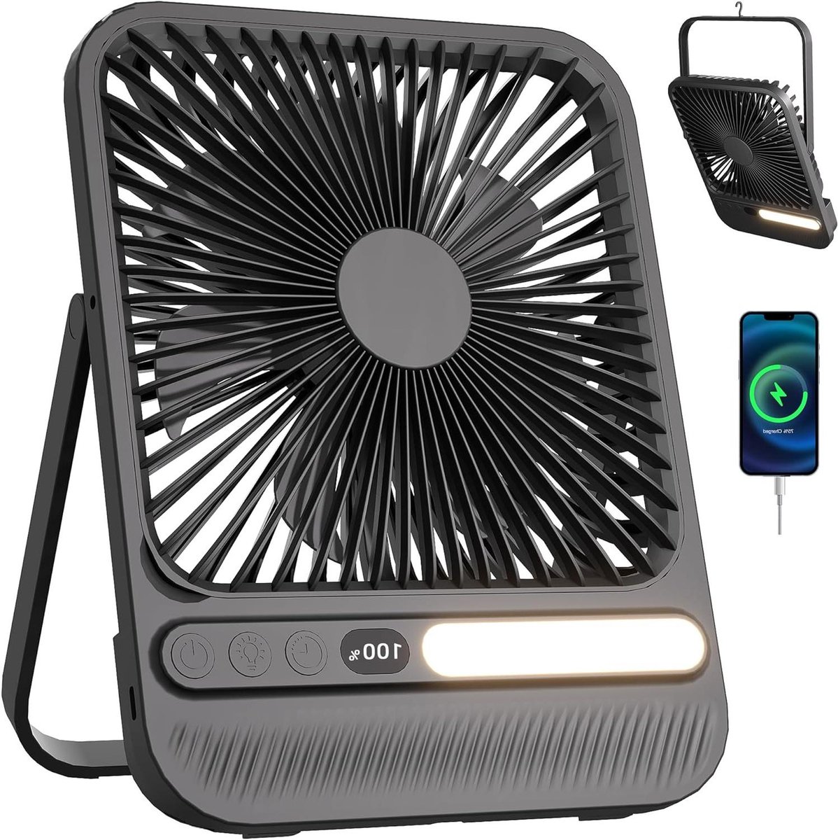 Draagbare Reisventilator - Ventilator met Licht - Koelte Onderweg - 28 Uur Looptijd - 7 Inch - Zwart