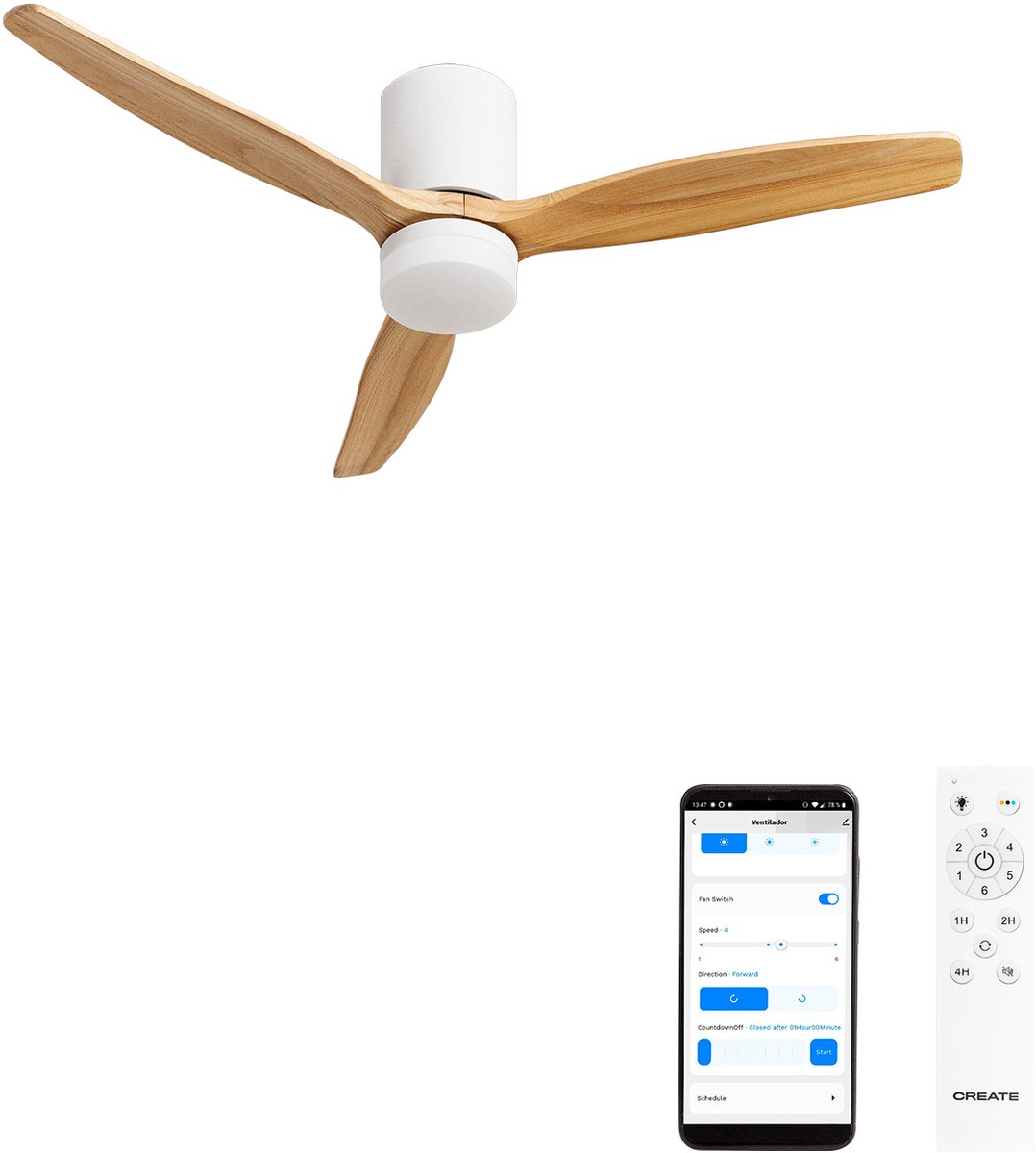 CREATE - Stille plafondventilator 40W Ø132cm 100% hout met aanpasbare gipsen behuizing - Met licht - WIFI + Afstandsbediening - WIND CALM CONCRETE