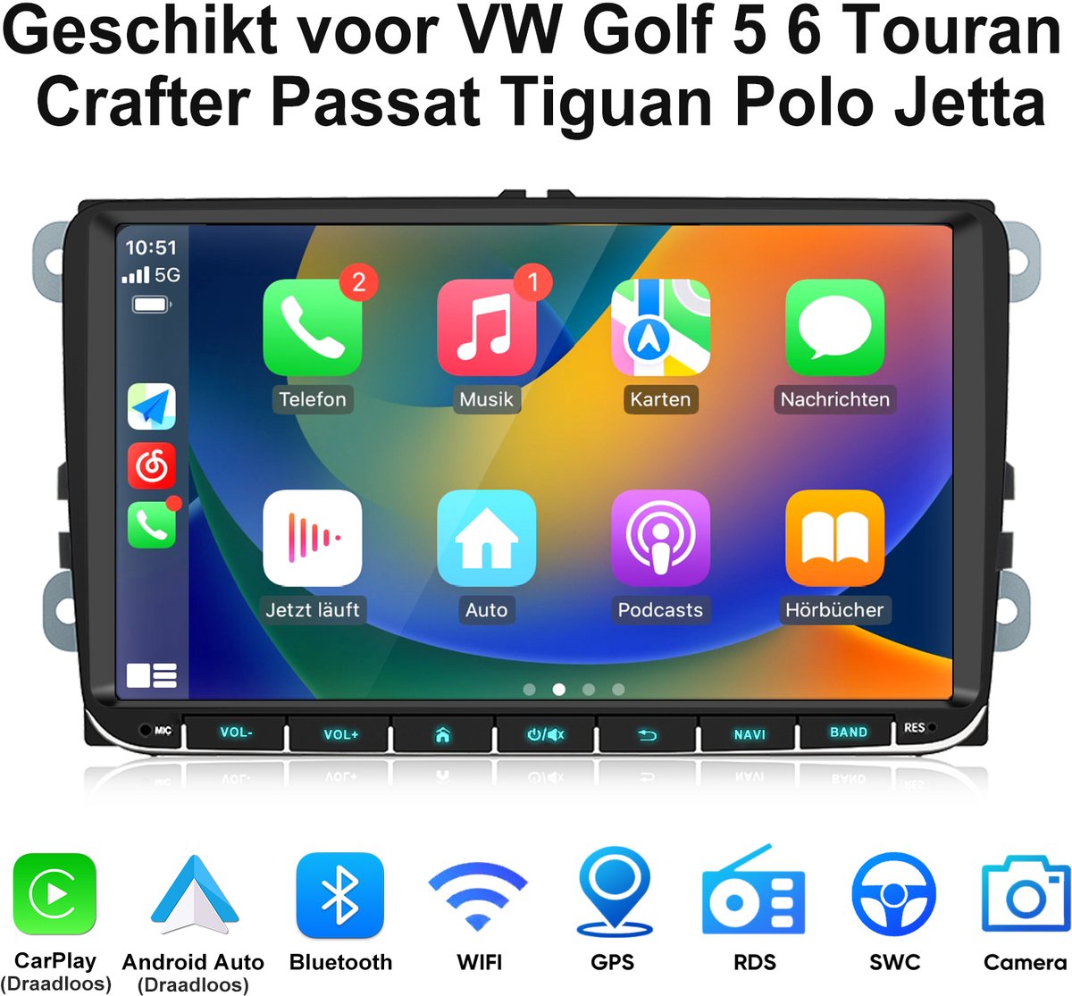 JUNSUN Andriod 15 Autoradio Geschikt voor VW Golf 5 6, Touran, Crafter, Passat, Tiguan, Polo, Jetta - 2GB+32GB, Draadloos Carplay & Android Auto, GPS Navigatiesydstem, WiFi, USB, Bluetooth, FM, SWC, DAB+, 7-inch Touchscreen, DSP, Quad-core processor