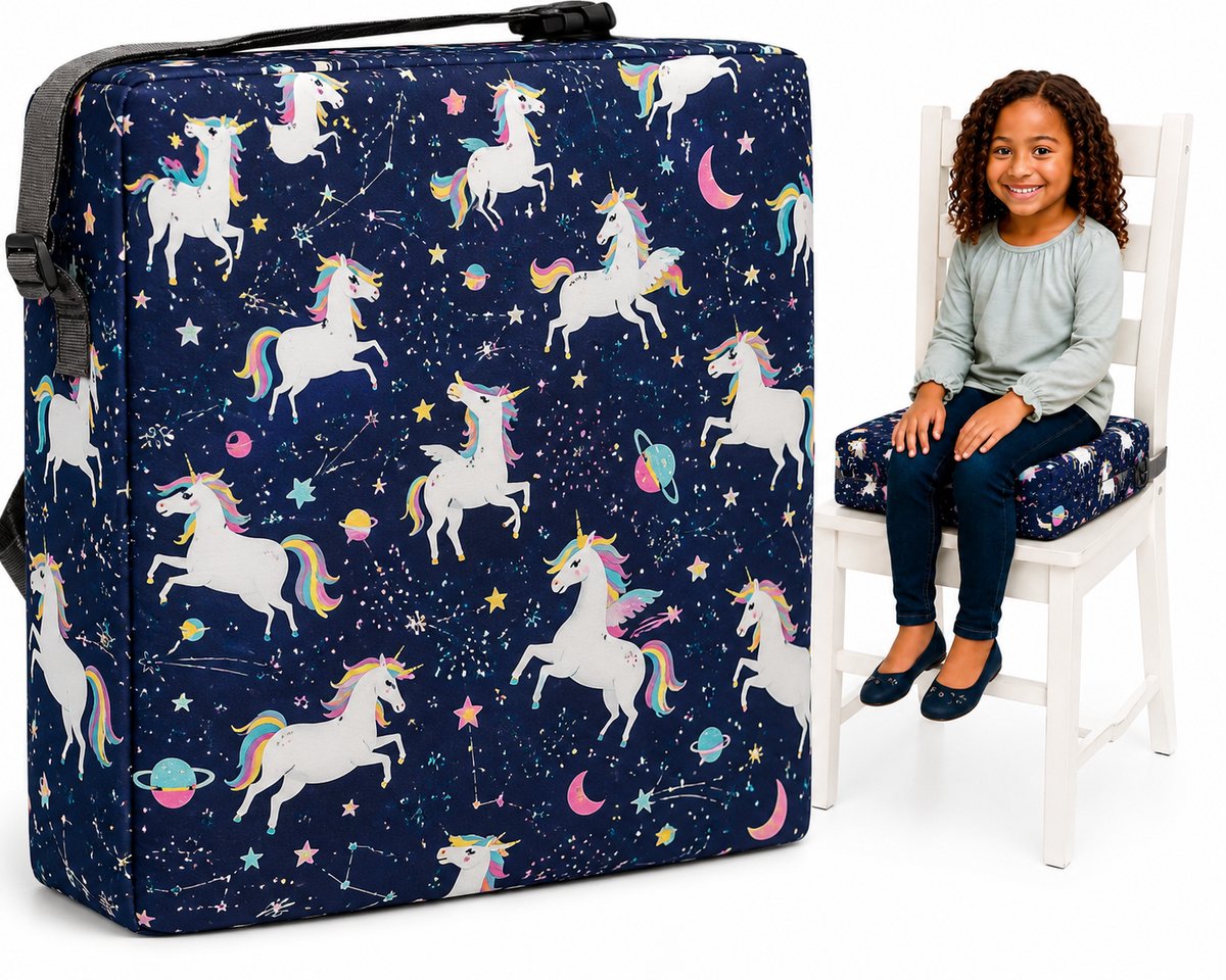 Dutchers® Stoelverhoger voor Kinderen – 8cm Verhoogkussen met Dierenprint – Zitverhoger voor Eettafel & Eetkamerstoel – Zitkussen Tafel - Peuter Stoelverhoger - Stoelkussen waterdicht – Zitverhoger voor eetkamerstoel - Veilig met Riemen - Eenhoorn