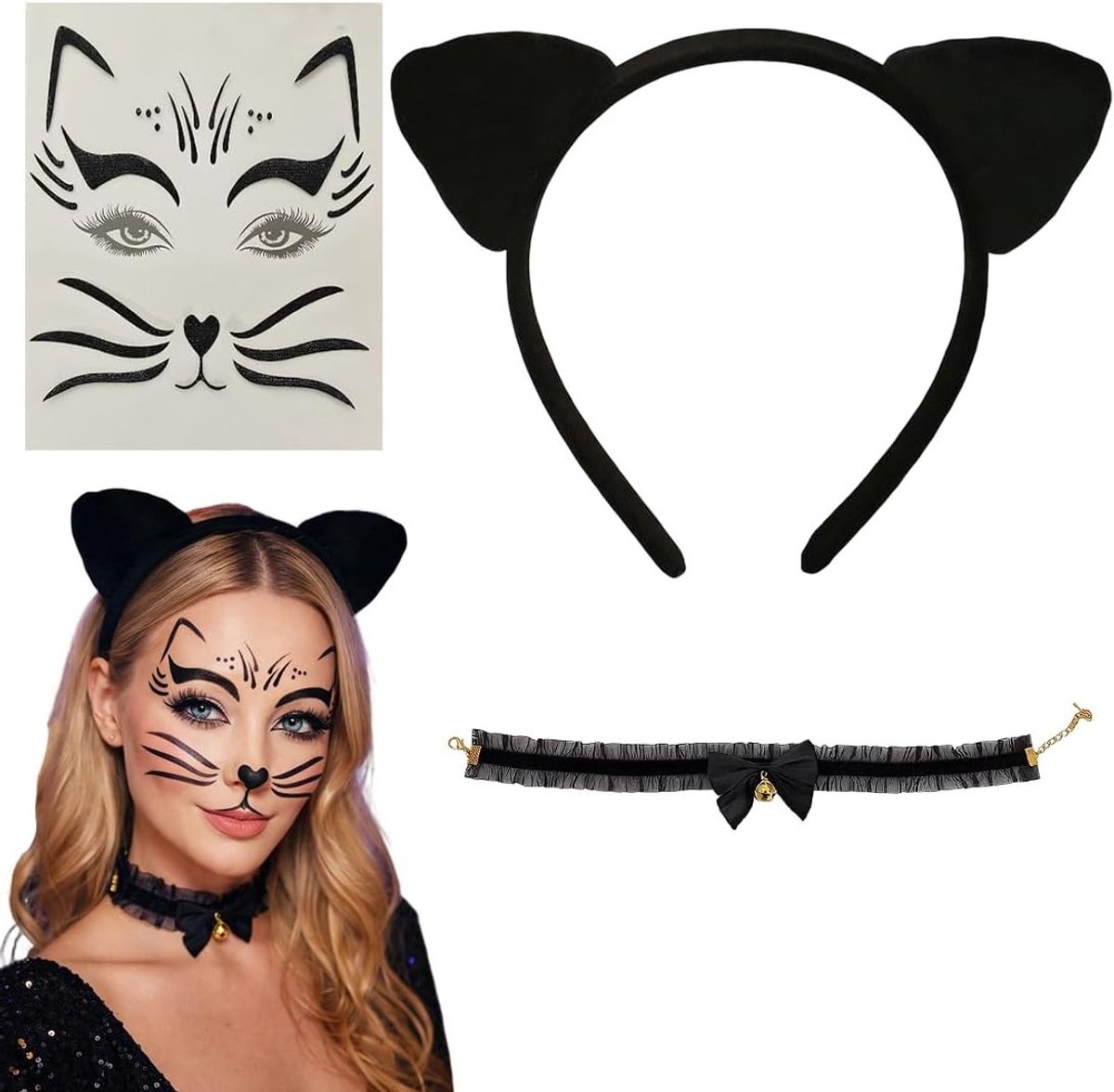 Kattenkostuum voor dames en meisjes met haarband, halsketting en gezichtstattoo, perfect voor carnaval en feestjes