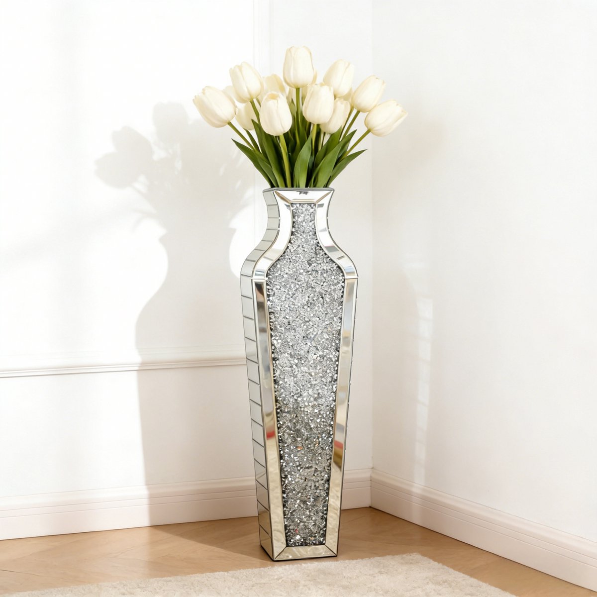 Artloge Hoge Vaas - Zilveren Vloervaas H68.5 cm - Spiegelende Crushed Diamond - niet voor water