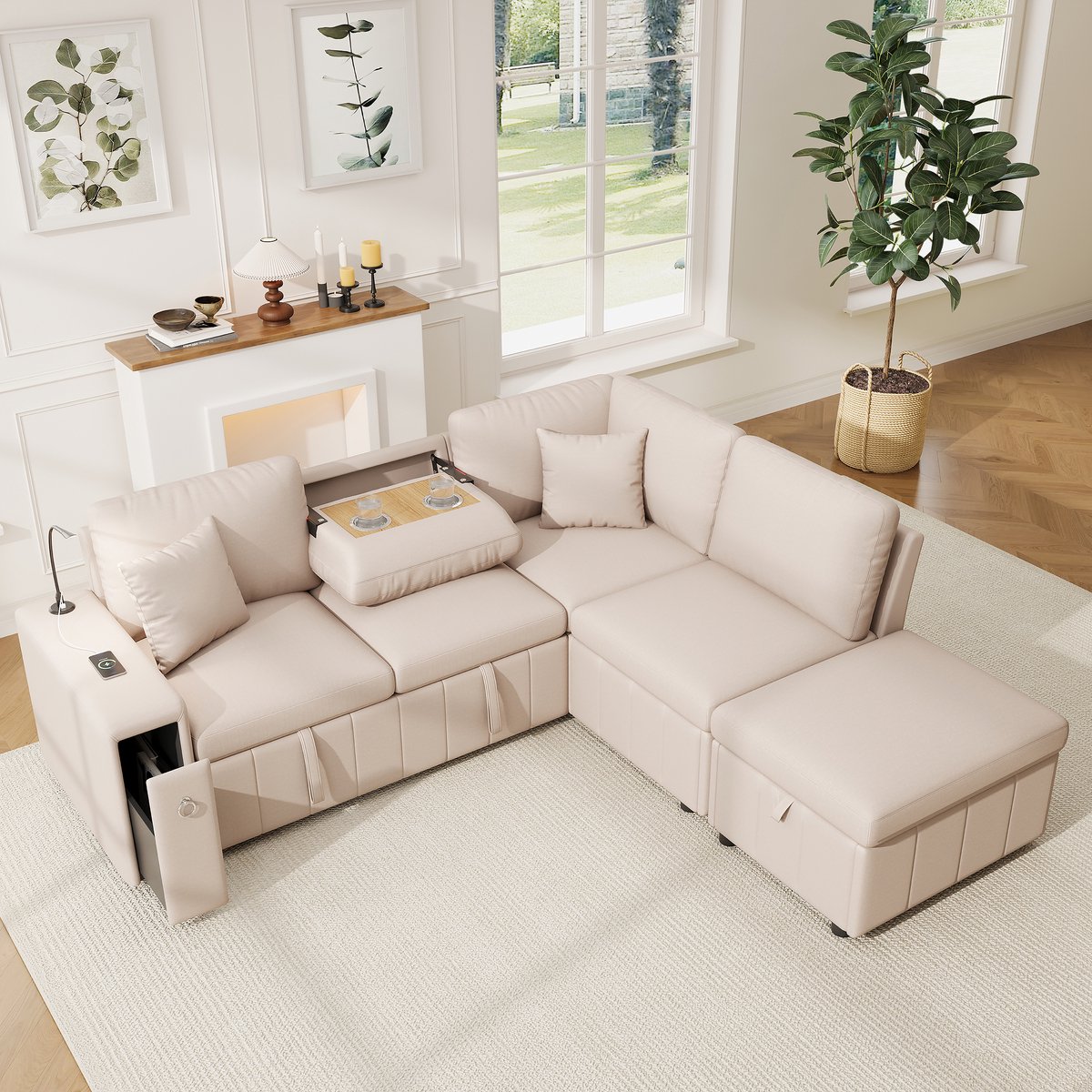 Wishdor L-Vormige Hoekbank Met Uitschuifbare Slaapfunctie En Opberghocker - Modern - Voor Woonkamer - Linnen - Beige - 213 X 184 X 88 Cm