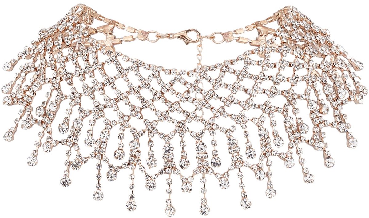 ONF3 - Strass Kwastje Halsband - Luxe Sieraden - Platina/Goud - Feest en Bruiloft - Kristal Ketting - Accessoires voor Dames