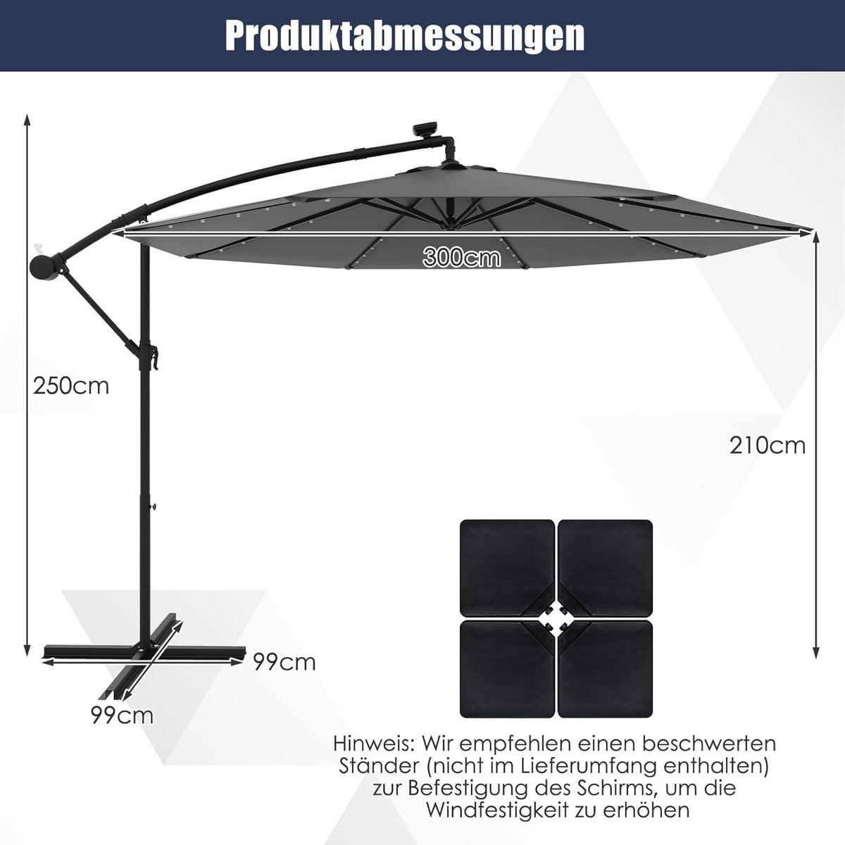COSTWAY Parasol 300 cm, zweefparasol met 40 ledlampen op zonne-energie en zwengel, tuinscherm, marktparasol, terrasparasol voor tuin, zwembad, terras, antraciet, antraciet, 300 cm – foto 7