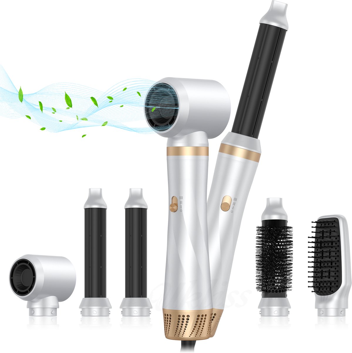 5-in-1 Multifunctionele Hairstyler & Föhnborstel - Inclusief Automatische Krulopzetstukken - Voor Drogen, Krullen & Stylen-Wit/Goud