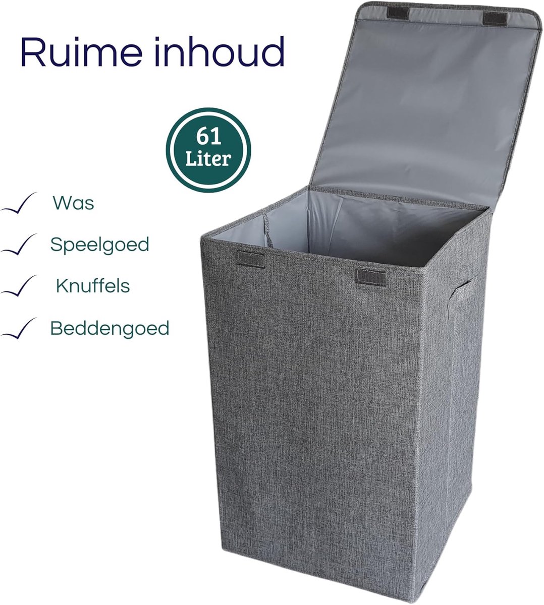 Wasmand - Opbergbox - Badkamer organizer - Met deksel - 61 Liter - Grijs