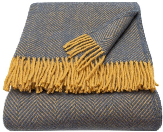 WOOOL® Luxury Plaid - STELLA (Navy & Mustard) - 150x183cm - 100% Wol