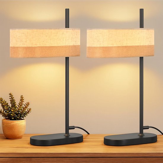 Glitzerlife - Tafellamp -2 stuks Tafellamp Bedlamp Vintage Retro - Leeslamp E14 met Stoffen Kap - Metalen Basis Mat Zwart - Ø44,5 cm - Zwart