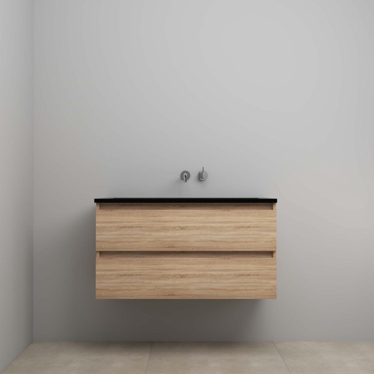 On-Line Onderkast - 100 cm - Voorgemonteerd - Ladestructuur - Acryl Wastafel - zonder Kraangat - Eiken