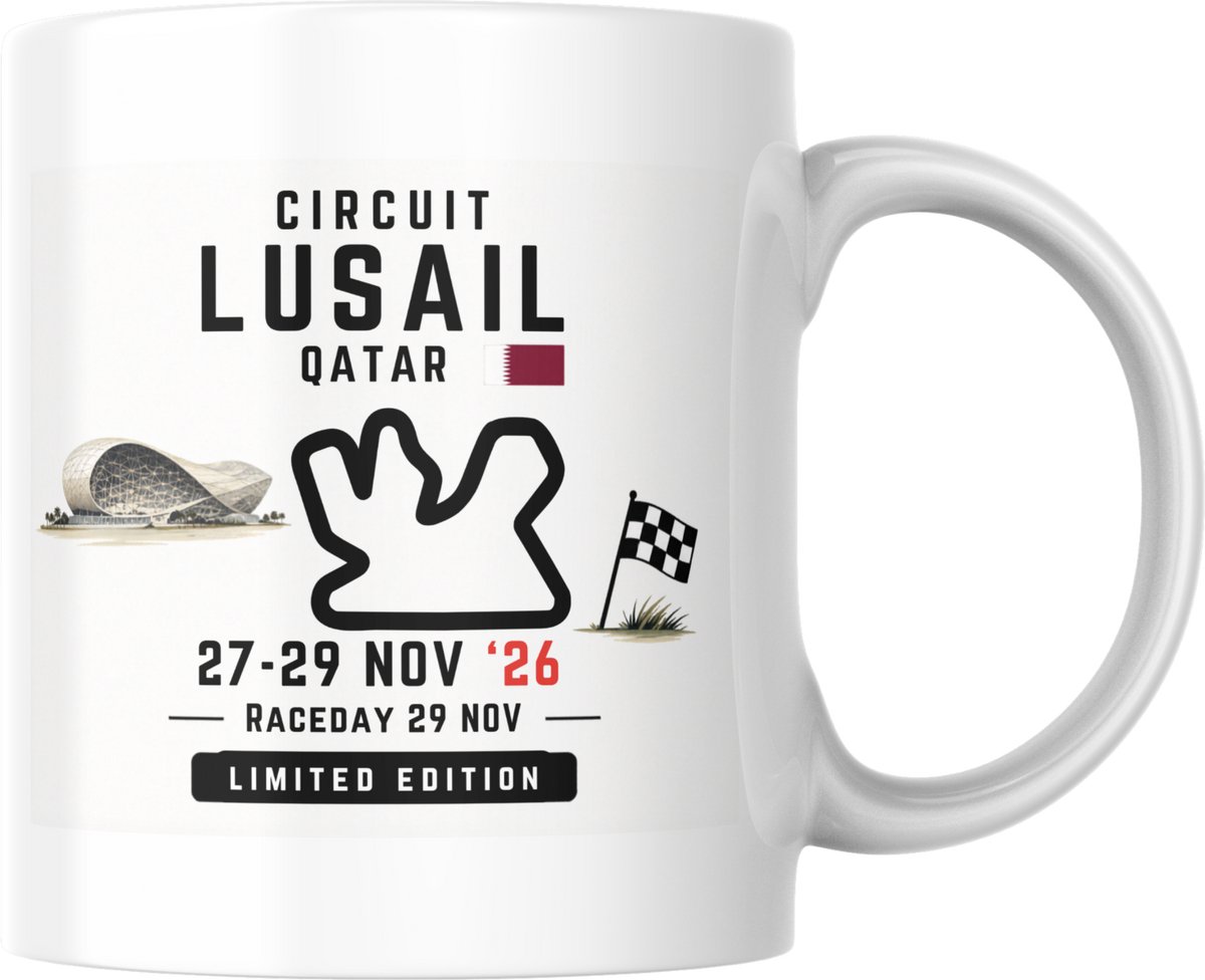 Hip met Pit Creaties - F1 Mok Lusail 2026 - Formule 1 Circuit Mok - Grand Prix Lusail 27-29 NOV '26 - Racedag 29 NOV - F1 Cadeau - Limited Edition Racefan Merchandise