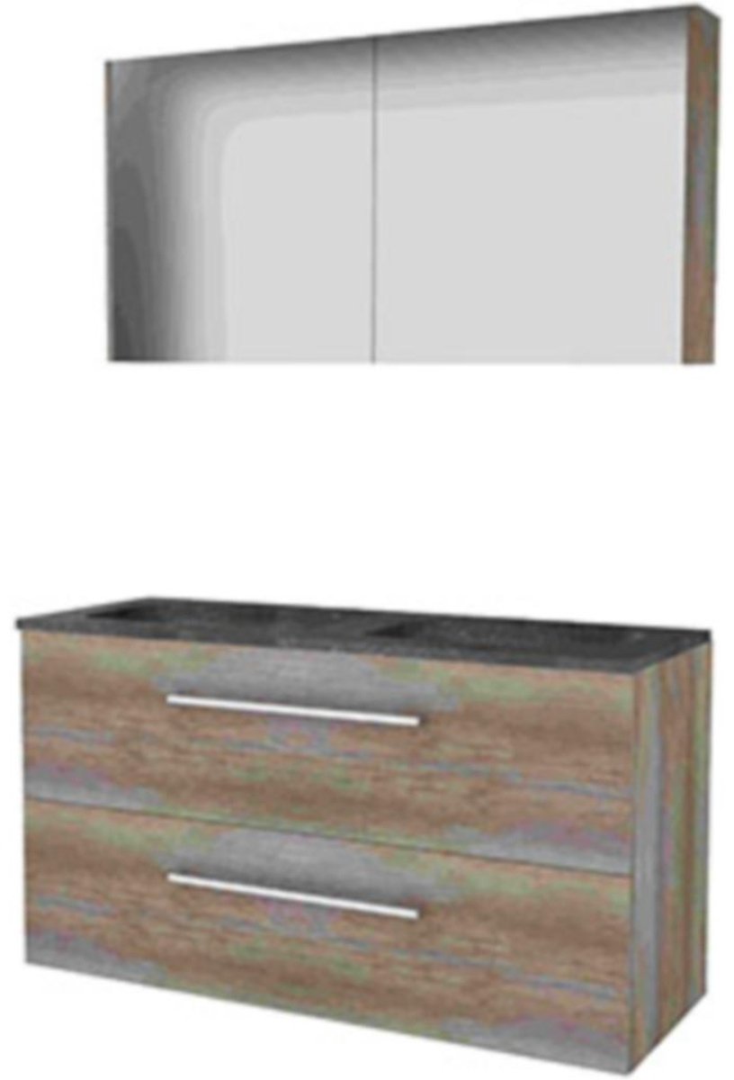 Basic-Line Comfort 46 Badkamermeubelset - 120 x 46 cm - Met Grepen - 2 Lades - Hardstenen Wastafel - Zonder Kraangat - Spiegelkast - Scotch Oak
