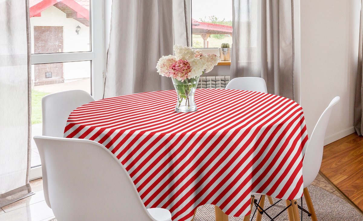 ABAKUHAUS zuurstok ronde tafelkleed, diagonale rode lijnen, cirkelvormige tafelkleed voor eetkamerkeukendecoratie, 150 cm, rood-wit