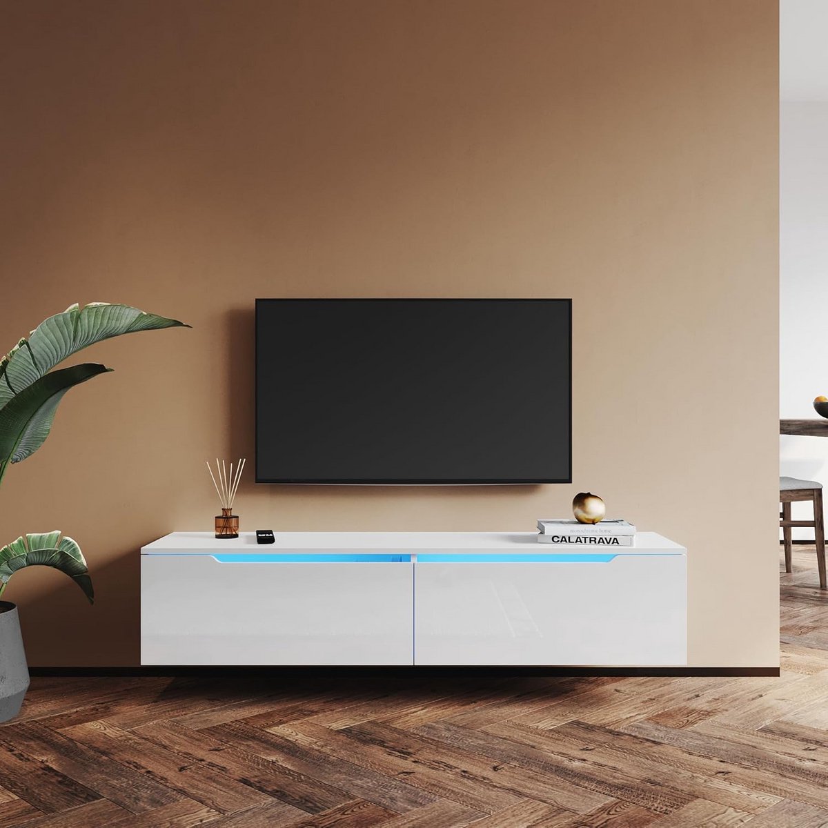 TV board, TV lowboard, met 12 kleuren LED-verlichting, glazen plank, TV kast hoogglans wit, 140 x 35 x 30 cm hout