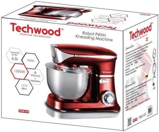 Krachtige Keukenmachine Rood 1300W met 6.5L Kom en Planetaire Mixer — afbeelding 3