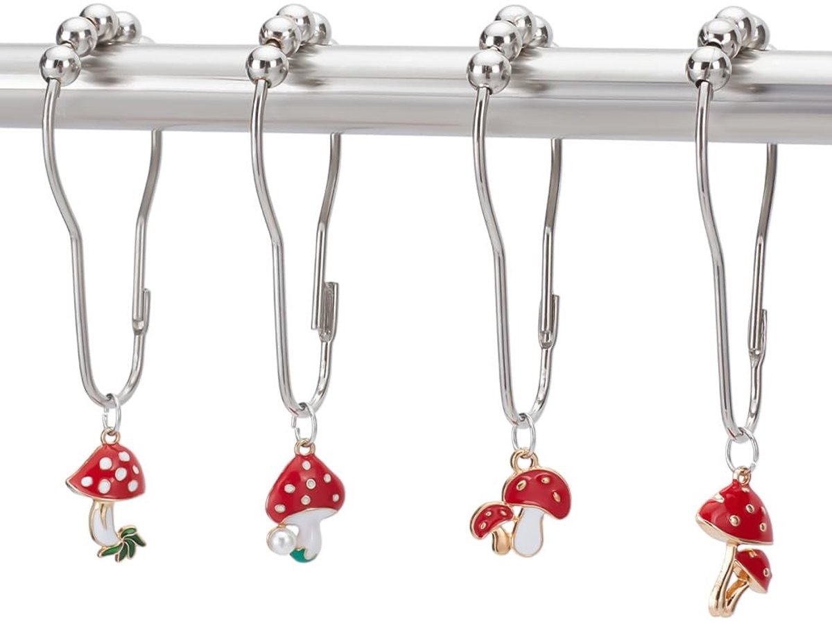 SPHProducts - Douchegordijn Haken - Ringen met Paddenstoel Hanger - Roestvrij Staal - Sterke en duurzame bevestiging - Geschikt voor elke badkamer - Se...