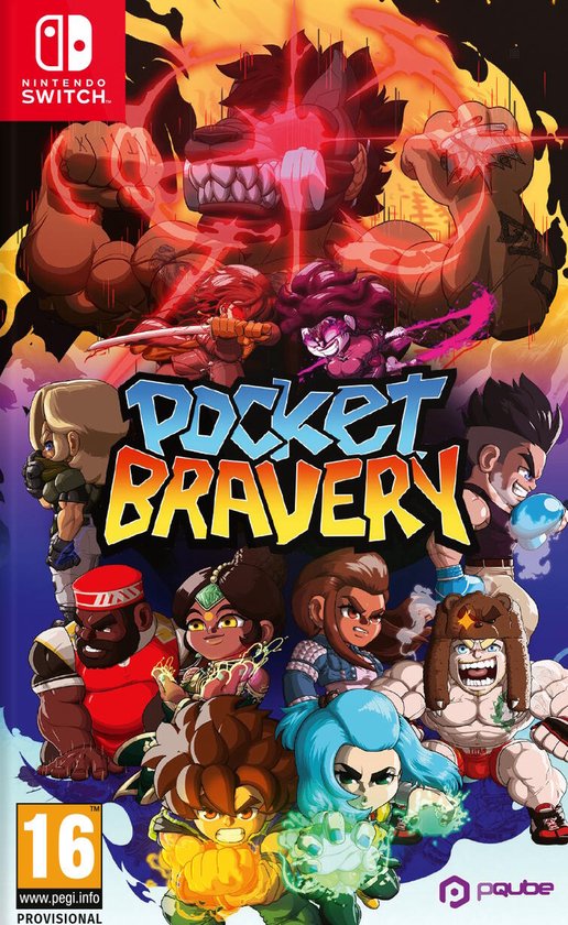 De cover van de Nintendo Switch game 'Pocket Bravery' met diverse geanimeerde vechters, waaronder een grote gespierde man bovenaan.