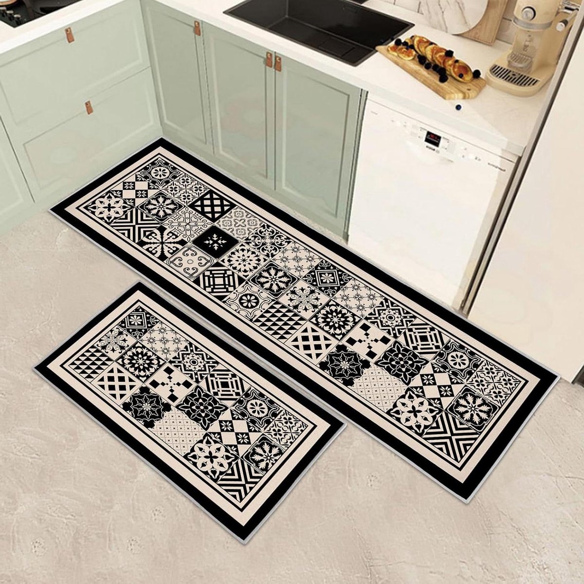 Keukenmat Set - Vloerkleed Set - Comfortabel Staan - Antislip Onderkant - 2 Delig - Geometrisch