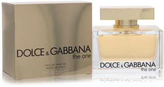 Dolce & Gabbana The One Eau de Parfum, 75ml. Gouden doosje met een glazen parfumfles met gouden dop.
