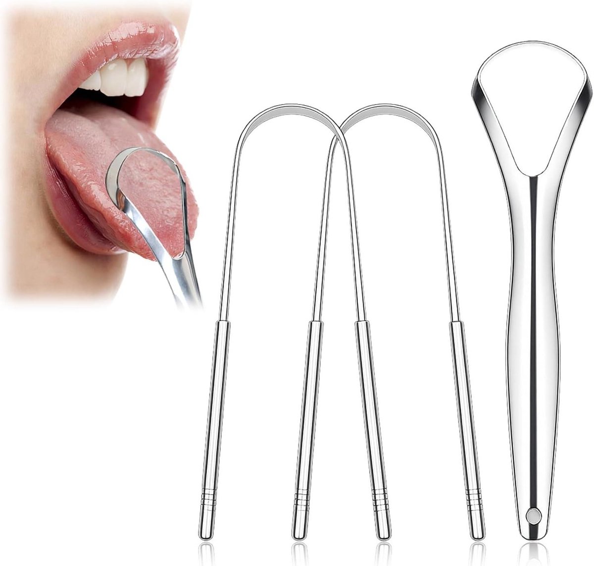 Tongreiniger Set - Metalen Schraper - Mondhygiëne Verbeteren - 3 Stuks Roestvrij Staal - Set van 3 - Zilverkleurig