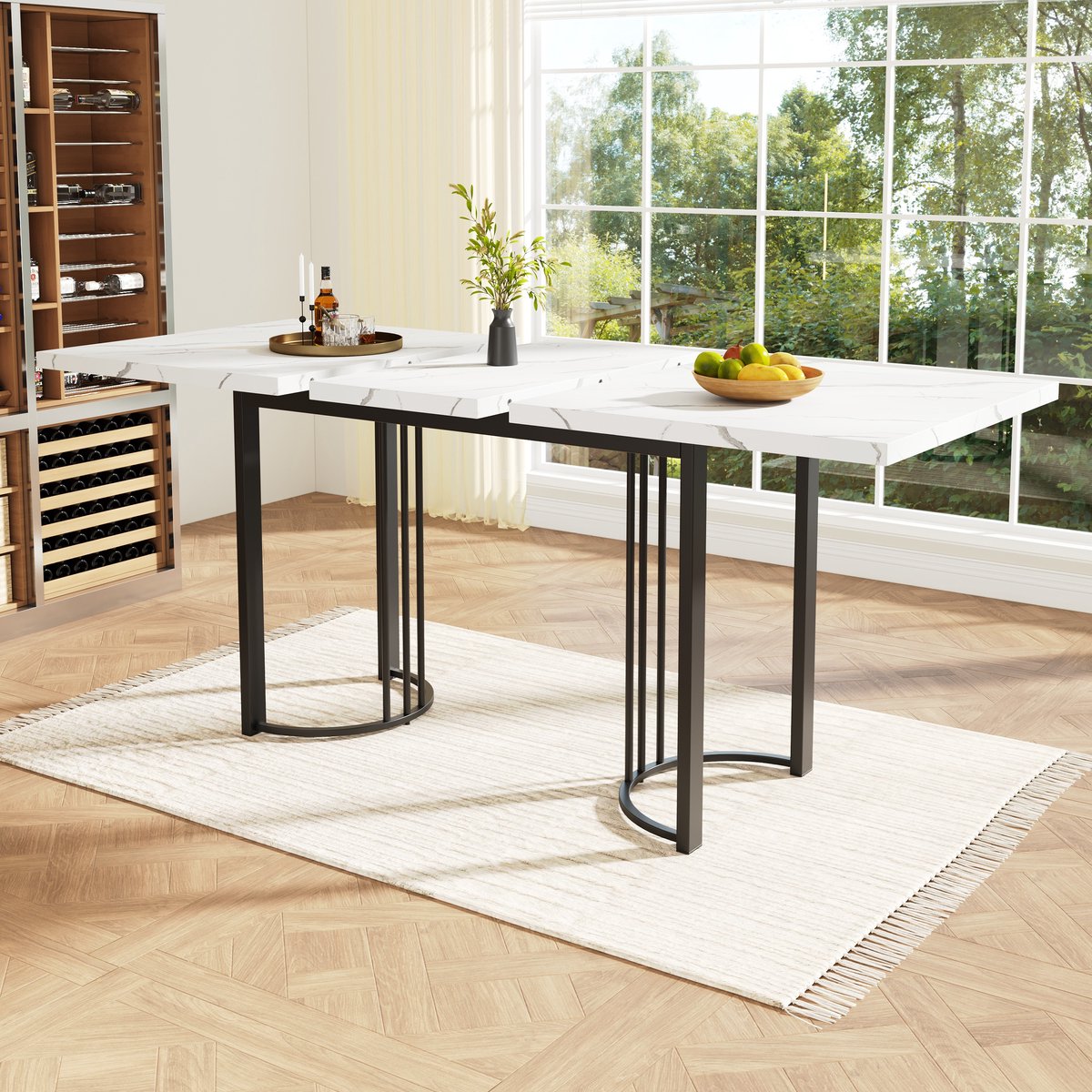 Uitschuifbare Eettafel, Telescopische Eettafel (140-179,5 x 80 cm), Ruimtebesparende Keukentafel, Metalen Frame, Rechthoekige Eettafel voor Eetkamer/Woonkamer, Wit/Zwart